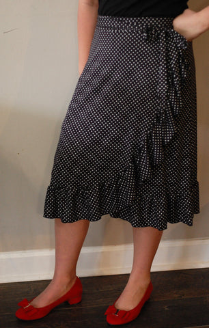 Black Polka Dot Faux Wrap Ruffle Skirt with Built in Shorts