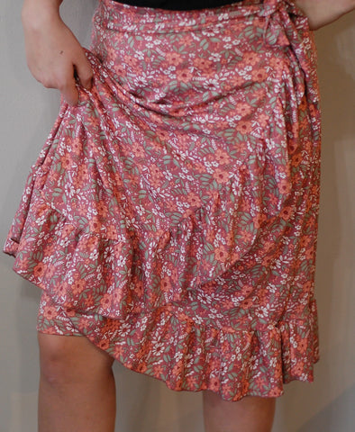 Mauve Floral Faux Wrap Ruffle Skirt with Built in Shorts