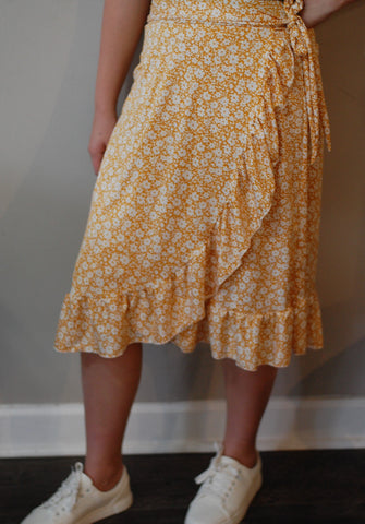 Yellow & White Floral Faux Wrap Ruffle Skirt with Built in Shorts