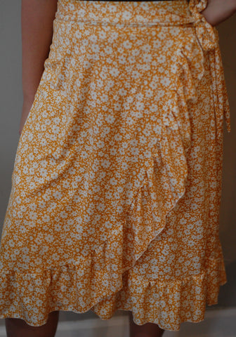 Yellow & White Floral Faux Wrap Ruffle Skirt with Built in Shorts