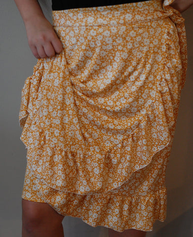 Yellow & White Floral Faux Wrap Ruffle Skirt with Built in Shorts