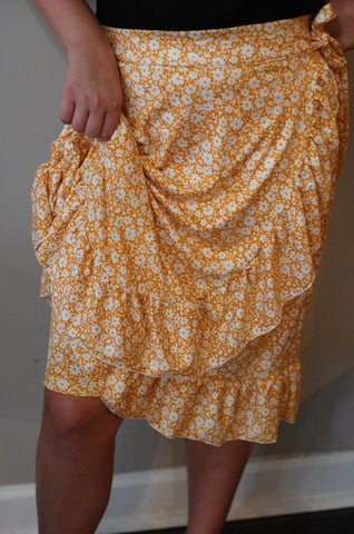 Yellow & White Floral Faux Wrap Ruffle Skirt with Built in Shorts