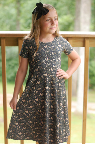 Girls Cotton Chicken Print Twirl Dress
