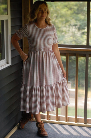Brown Gingham Cotton Tiered Midi Dress