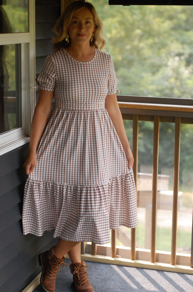 Pre-Order Cotton Brown Gingham Tiered Midi Dress