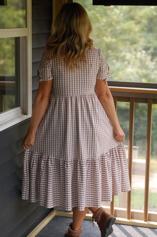 Brown Gingham Cotton Tiered Midi Dress