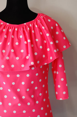 Neon Coral Polka Dot Ruffle Neck Swim Top