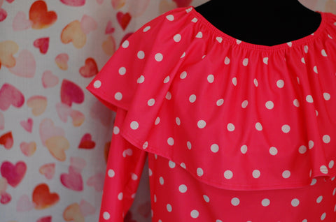 Neon Coral Polka Dot Ruffle Neck Swim Top