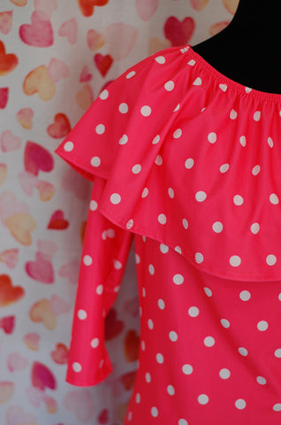 Neon Coral Polka Dot Ruffle Neck Swim Top