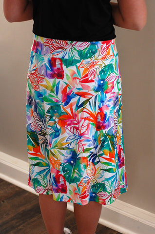 Tropical Leaf Print Side Pocket A-line Style Athletic & Swim Skirt with Built in Shorts SWIM FABRIC