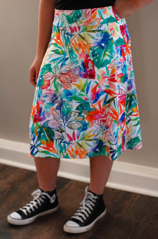 Tropical Leaf Print Side Pocket A-line Style Athletic & Swim Skirt with Built in Shorts SWIM FABRIC