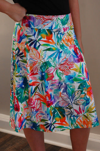 Tropical Leaf Print Side Pocket A-line Style Athletic & Swim Skirt with Built in Shorts SWIM FABRIC