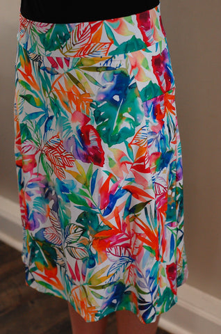 Tropical Leaf Print Side Pocket A-line Style Athletic & Swim Skirt with Built in Shorts SWIM FABRIC