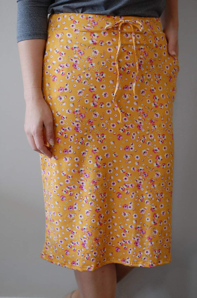 Yellow Floral Every Day Drawstring Loungewear Skirt with Built in Shorts