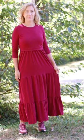 Cotton Round Neck Nursing Friendly Tiered Dress in Burgundy