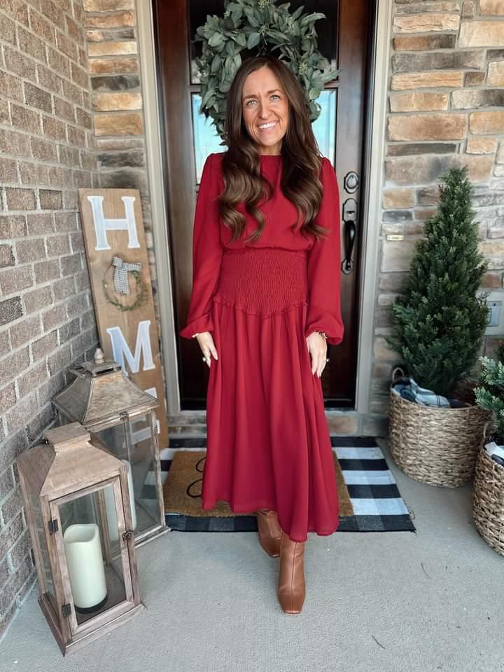 Dark Red Ruffle Neck Dress