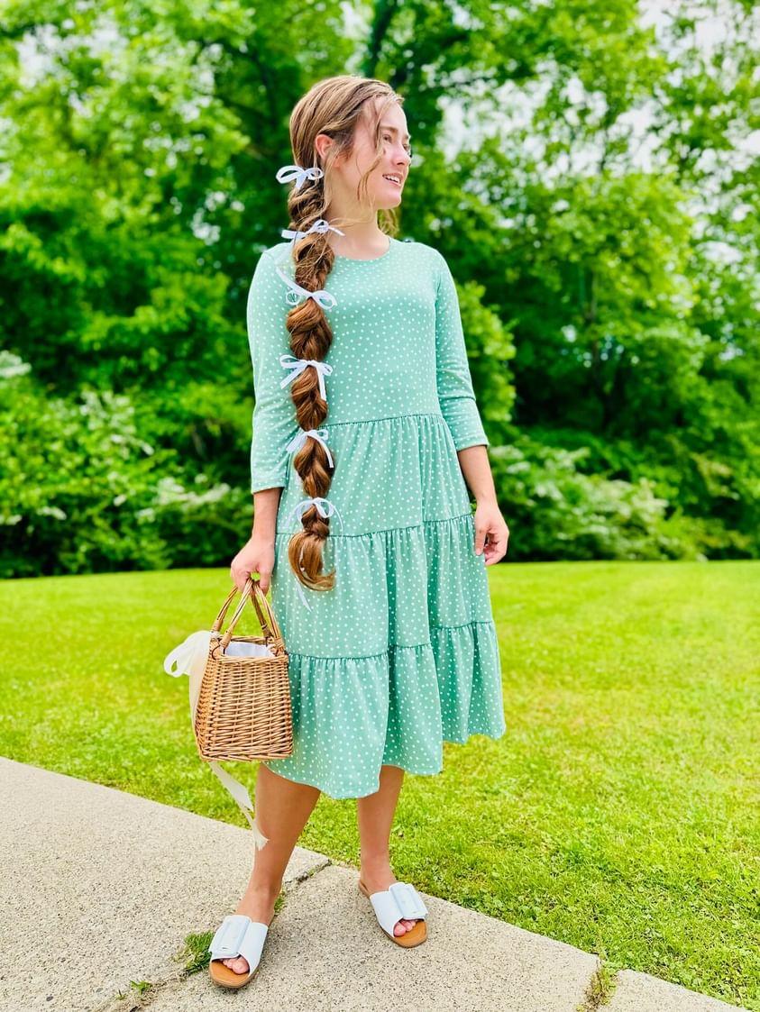 Ladies Green Polka Dot Tiered Comfy Dress