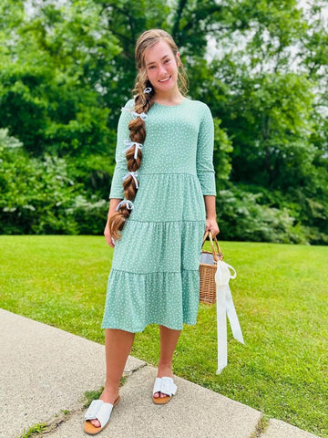 Ladies Green Polka Dot Tiered Comfy Dress