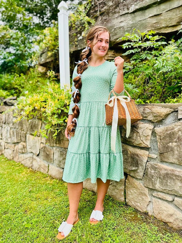 Ladies Green Polka Dot Tiered Comfy Dress