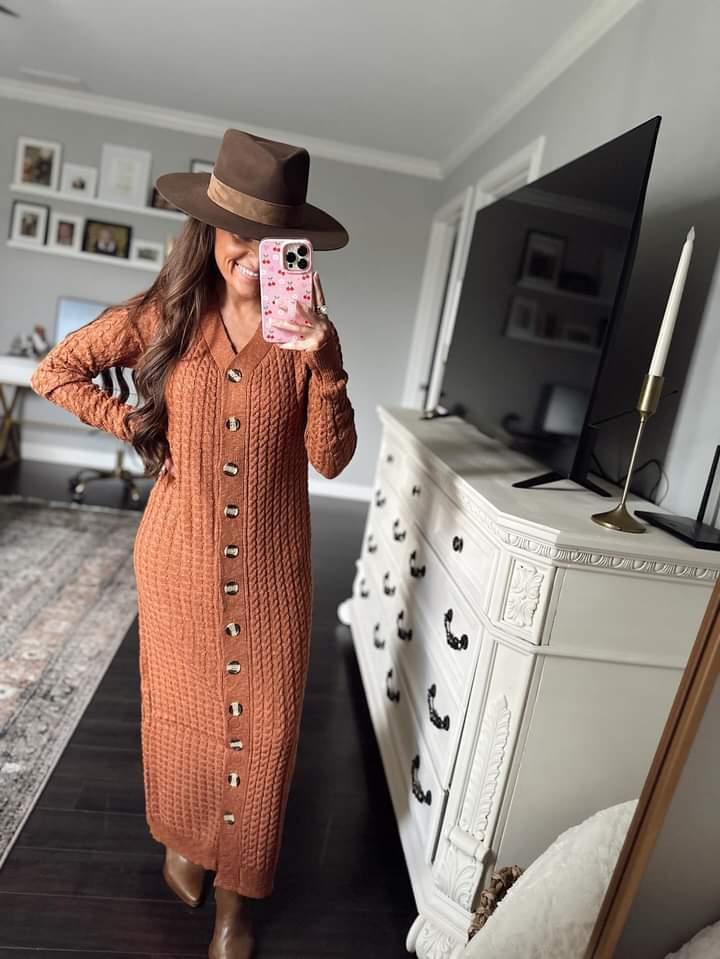 Camel Sweater Dress with Buttons