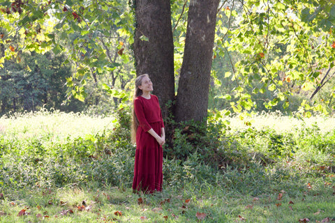 Cotton Round Neck Nursing Friendly Tiered Dress in Burgundy