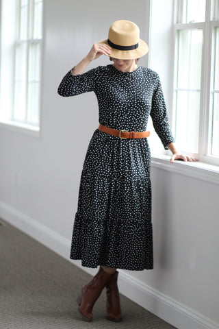 Ladies Black Polka Dot Tiered Comfy Dress