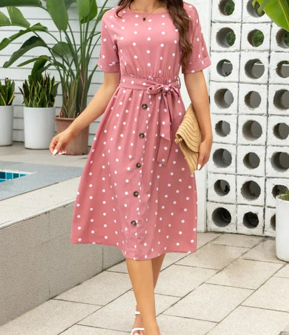Mauve Polka Dot Dress with Sash
