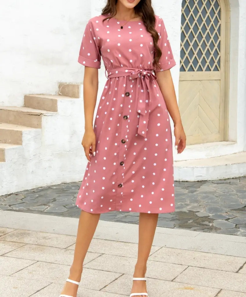 Mauve Polka Dot Dress with Sash