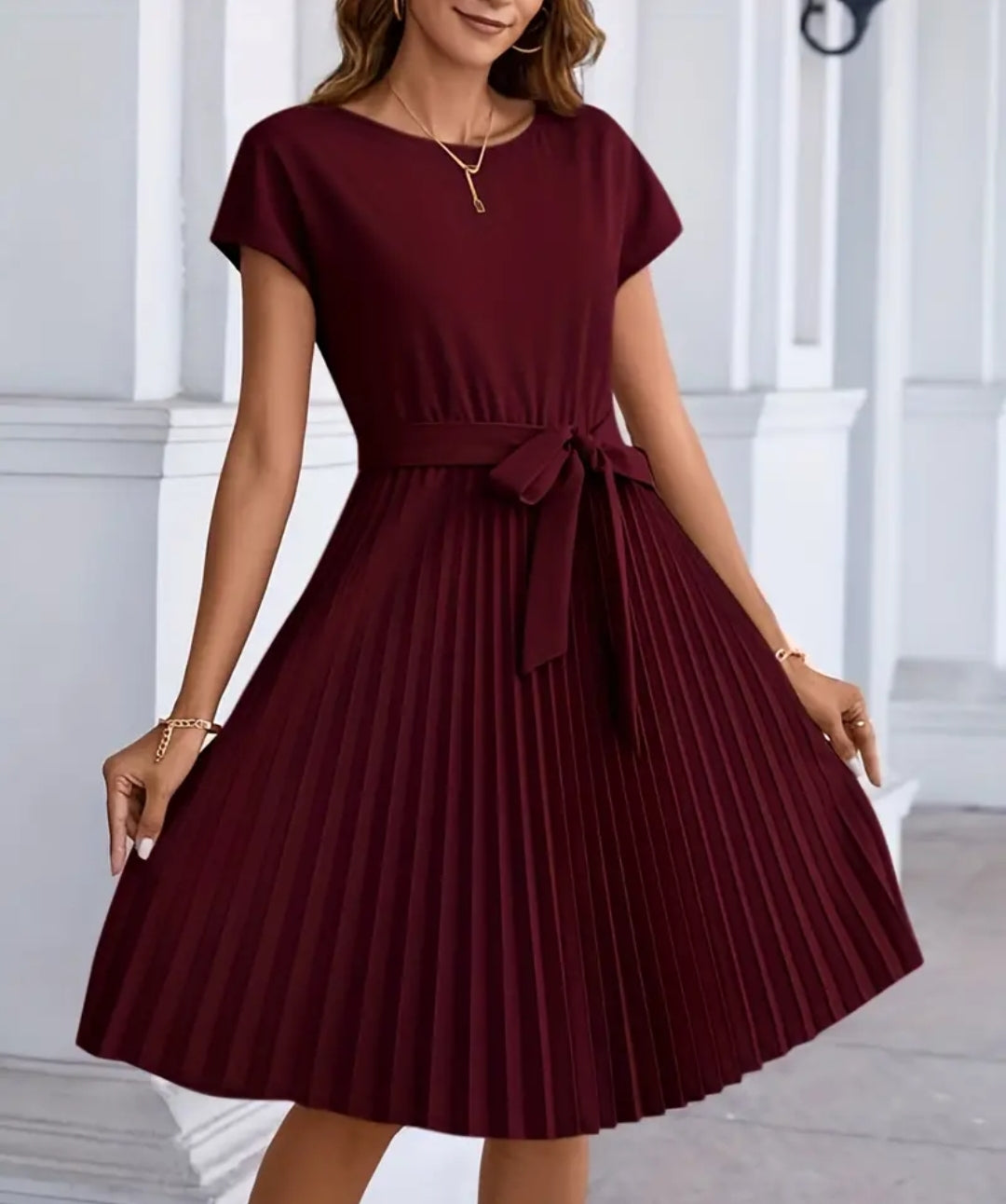 Burgundy Pleated Dress with Sash