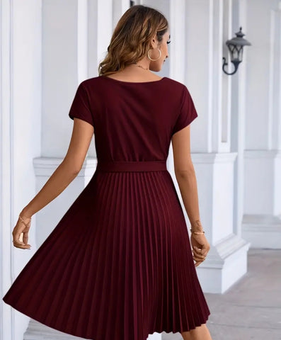 Burgundy Pleated Dress with Sash