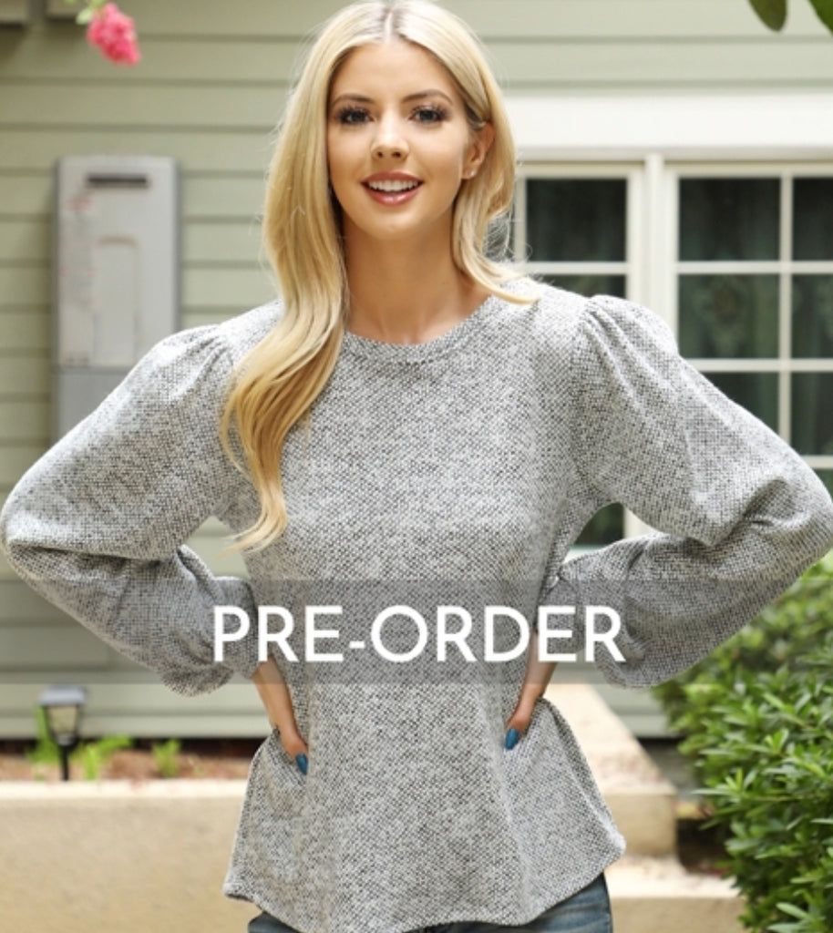 Gray Puff Sleeve Sweater Top with Button Detail