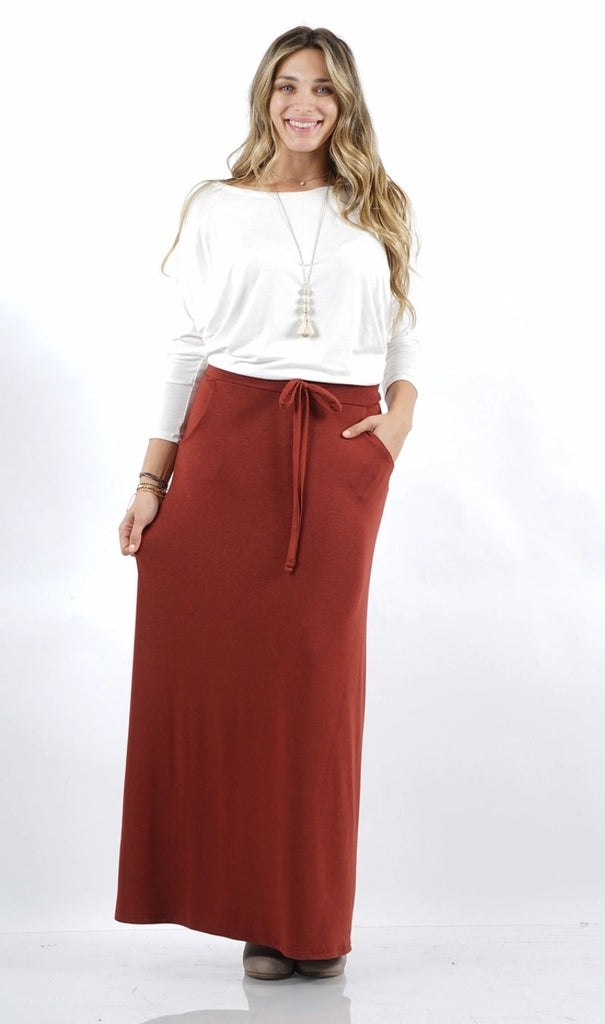 Dark Rust Maxi Length Drawstring Skirt