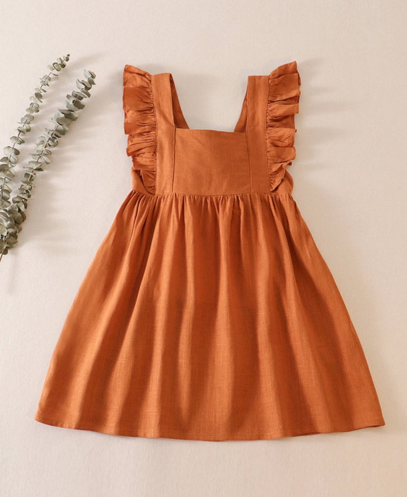 Pre-Order Girls Rust Linen Jumper Dress