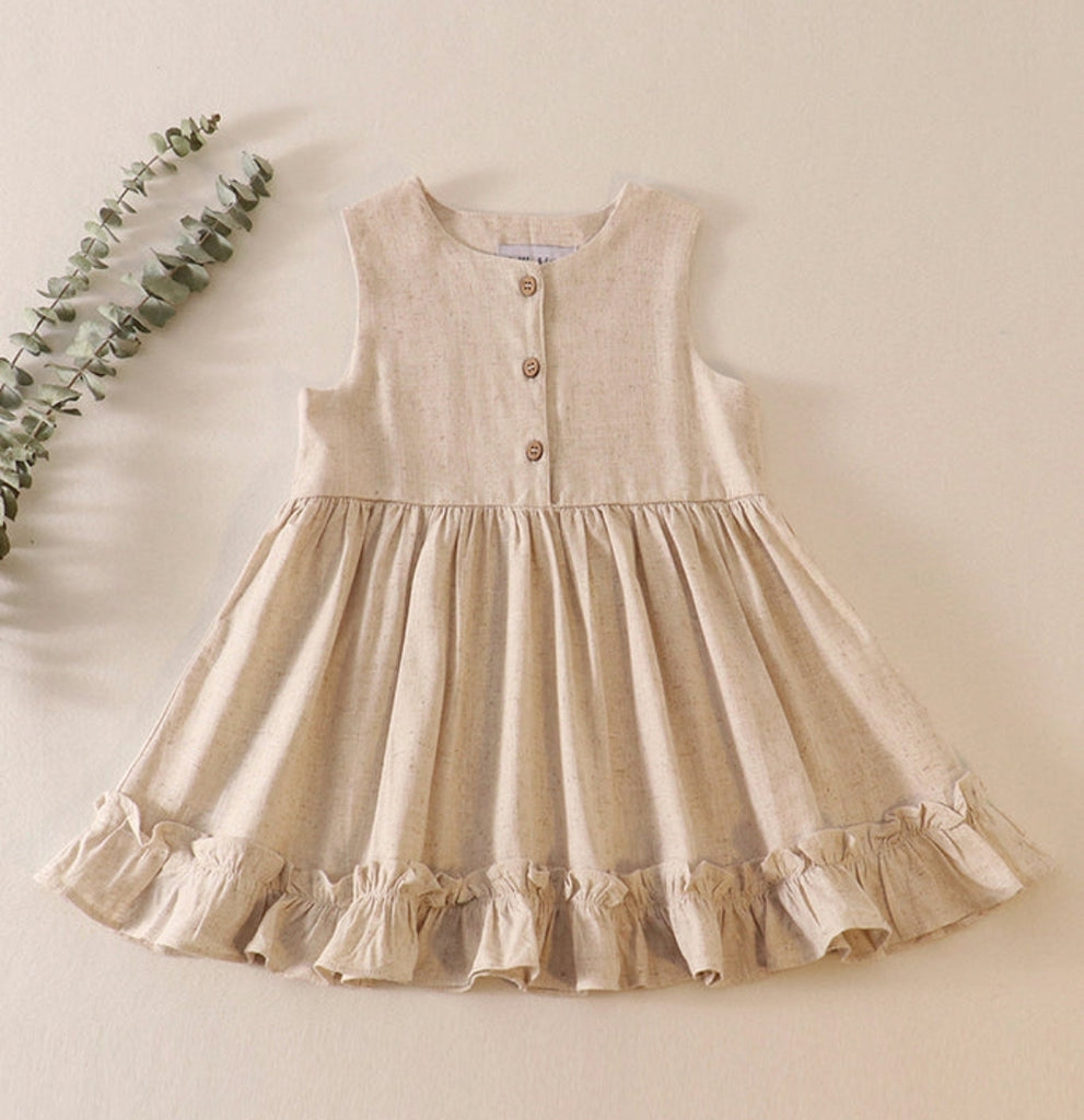 Pre-Order Girls Beige Linen Ruffle Dress