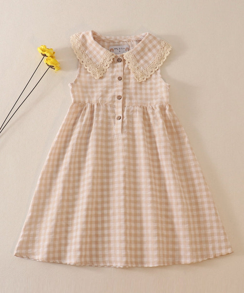 Pre-Order Girls Beige Gingham Linen Dress