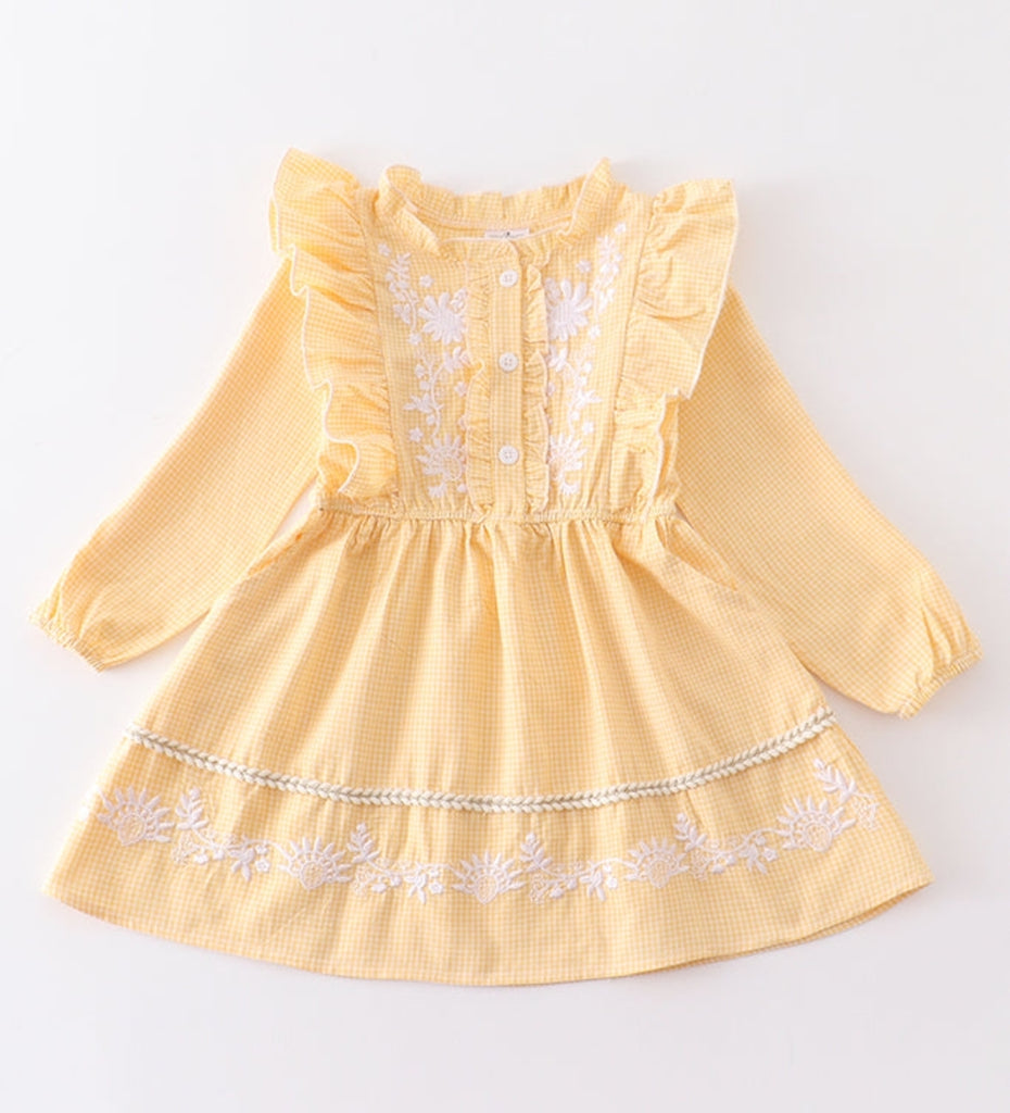 Pre-Order Girls Yellow Gingham Embroidered Dress