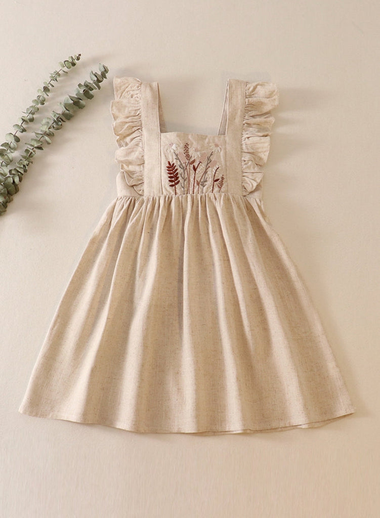 Pre-Order Girls Beige Embroidered Linen Jumper Dress