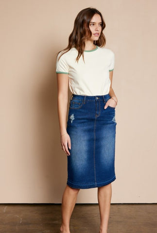 Dark Wash Distressed Denim Skirt The Skirt Lady