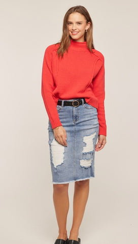 Light Wash Distressed Denim Skirt