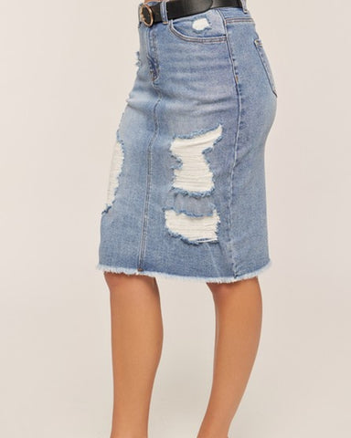 Light Wash Distressed Denim Skirt