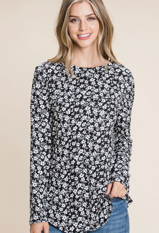 Black Floral Long Sleeved Top