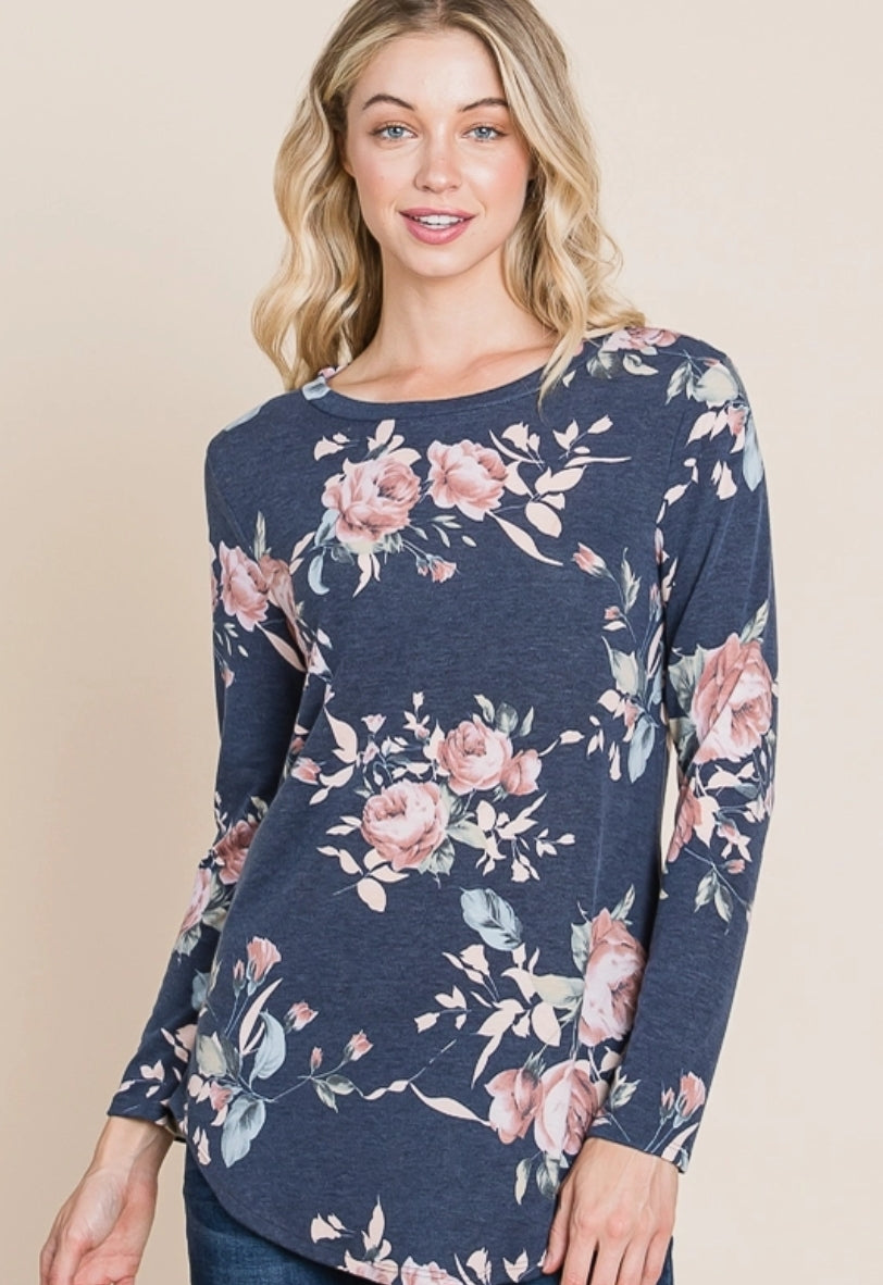 Gray Floral Top with Long Sleeves