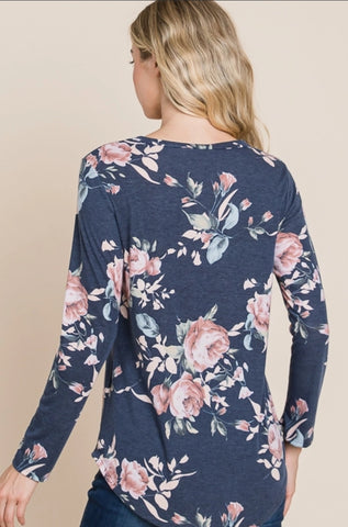 Gray Floral Top with Long Sleeves