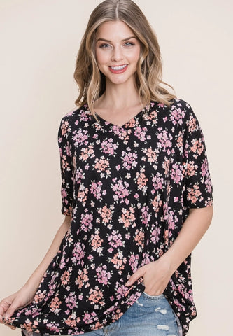 Black Floral V-Neck Oversized Comfy Top