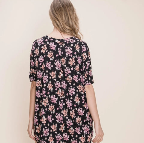 Black Floral V-Neck Oversized Comfy Top