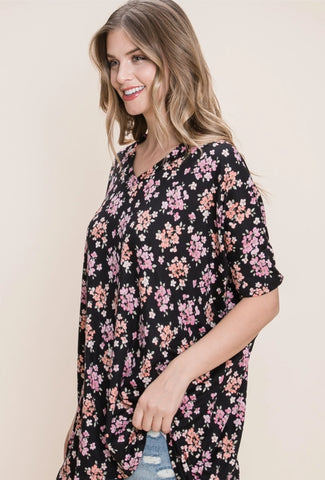 Black Floral V-Neck Oversized Comfy Top