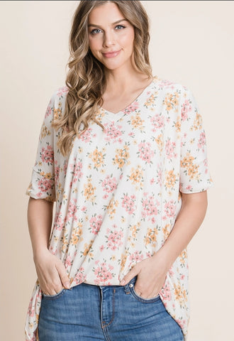 Ivory Floral V-Neck Oversized Comfy Top