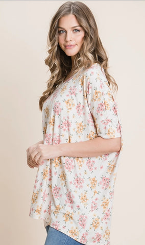 Ivory Floral V-Neck Oversized Comfy Top