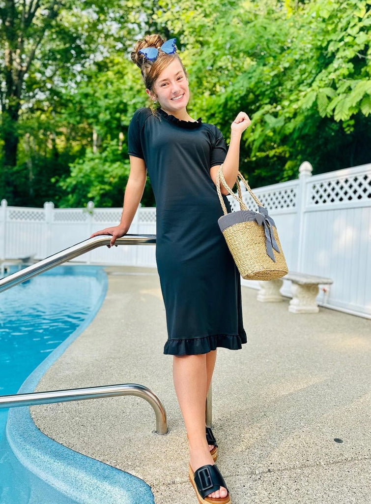 Ruffle Neck Swim Dress in Black