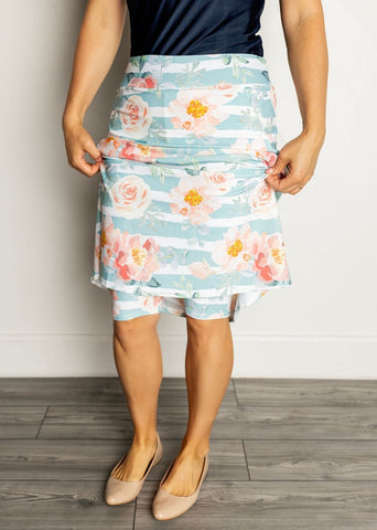 Blue Floral Side Pocket A-Line Style Athletic & Swim Skirt with Hidden Leggings